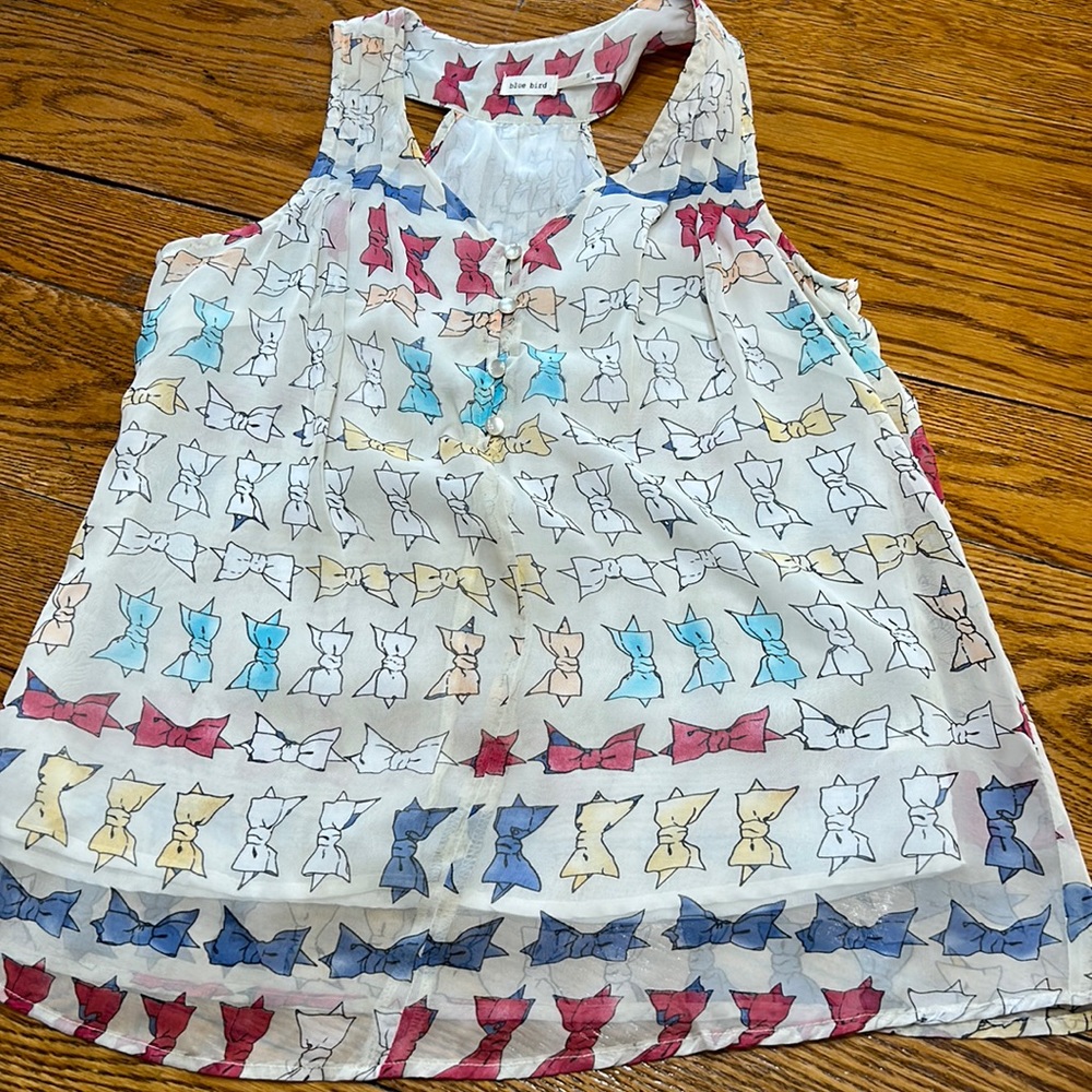 blue bird brand sheer racer back style top w/bow print.  Size Small.